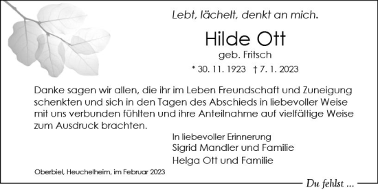 Traueranzeige von Hilde Ott von Wetzlarer Neue Zeitung