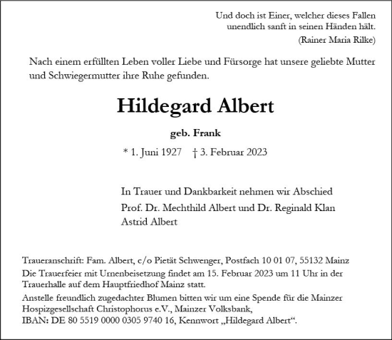 Traueranzeige von Hildegard Albert von Allgemeine Zeitung Mainz