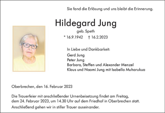 Traueranzeige von Hildegard Jung von Camberger Anzeiger