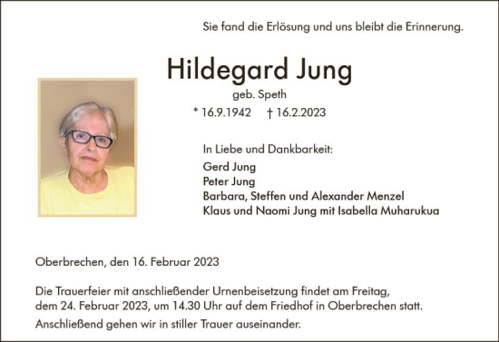 Traueranzeige von Hildegard Jung von Nassauische Neue Presse