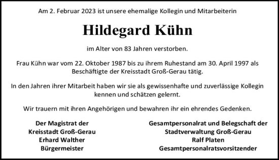 Traueranzeige von Hildegard Kühn von Groß-Gerauer Echo