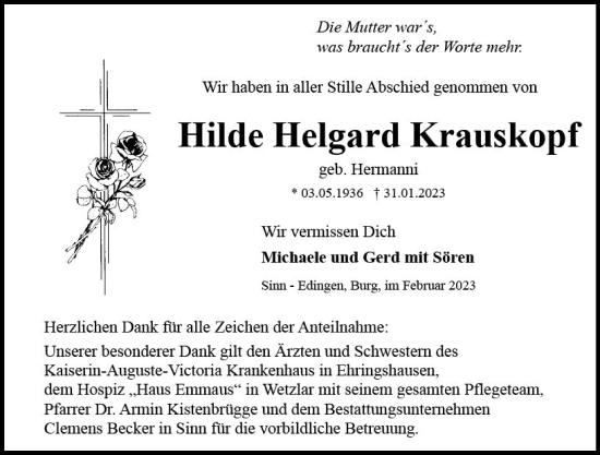 Traueranzeige von Hilde Helgard Krauskopf von Wetzlarer Neue Zeitung