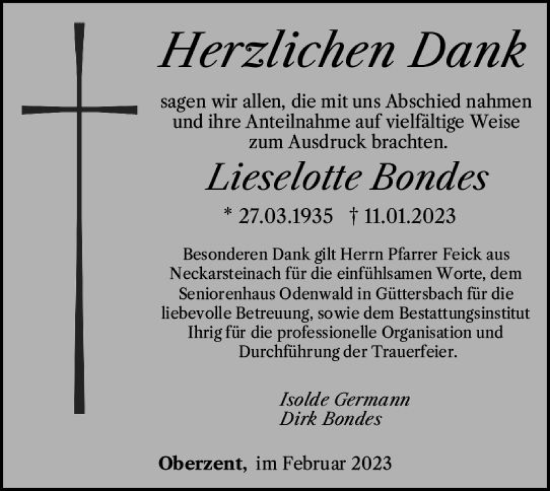 Traueranzeige von HLieselotte Bondes von Odenwälder Echo