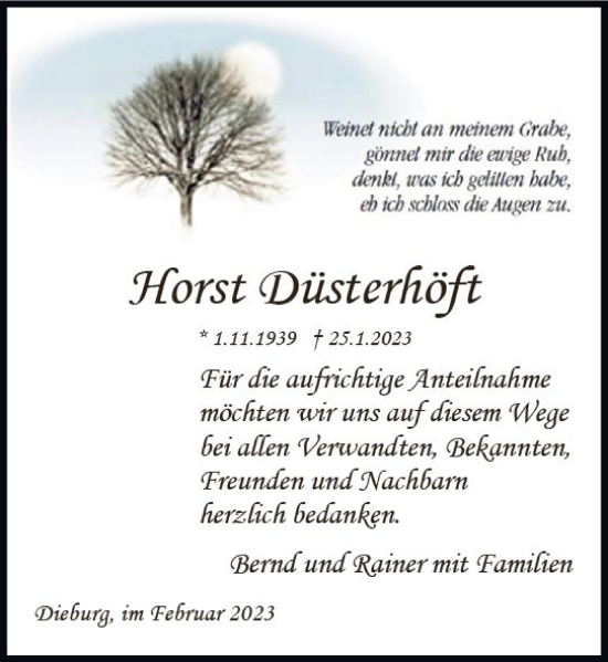 Traueranzeige von Horst Düsterhöft von Dieburger Anzeiger/Groß-Zimmerner Lokal-Anzeiger