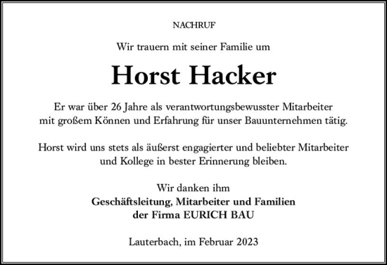 Traueranzeige von Horst Hacker von VRM Trauer