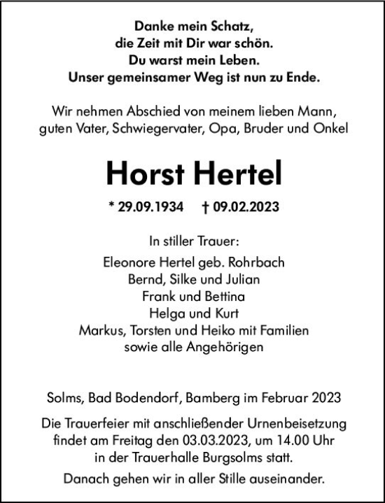 Traueranzeige von Horst Hertel von Wetzlarer Neue Zeitung