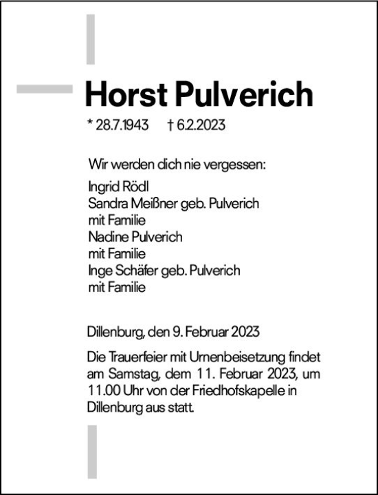 Traueranzeige von Horst Pulverich von Dill Block