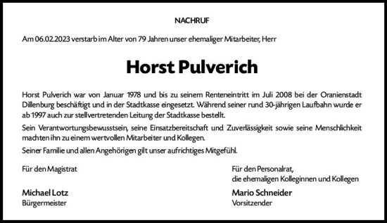 Traueranzeige von Horst Pulverich von Dill Block