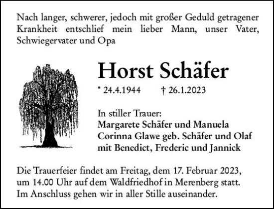 Traueranzeige von Horst Schäfer von Weilburger Tageblatt