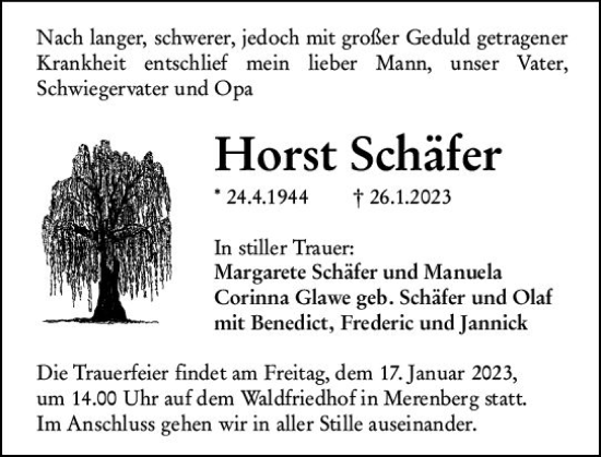 Traueranzeige von Horst Schäfer von Weilburger Tageblatt