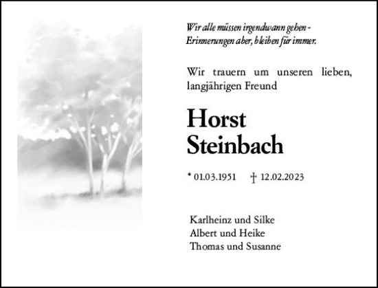 Traueranzeige von Horst Steinbach von Allgemeine Zeitung Bingen/Ingelheim