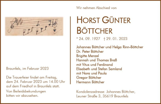 Traueranzeige von Horst Günter Böttcher von Wetzlarer Neue Zeitung