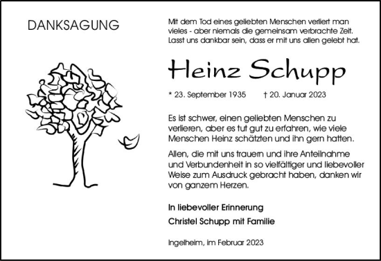 Traueranzeige von Hqeinz Schupp von Allgemeine Zeitung Bingen/Ingelheim