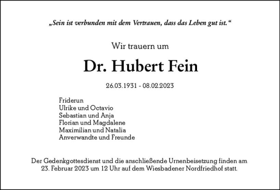 Traueranzeige von Hubert Fein von Wiesbadener Kurier