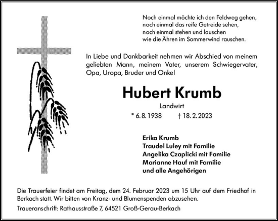 Traueranzeige von Hubert Krumb von Groß-Gerauer Echo