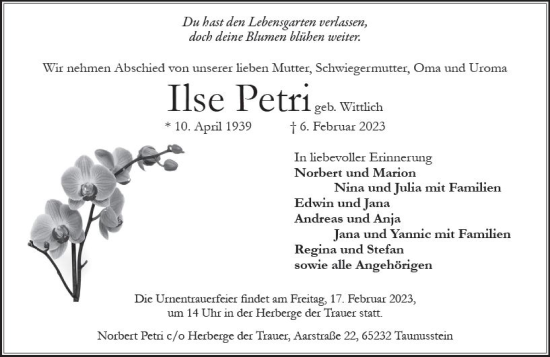 Traueranzeige von Ilse Petri von Wiesbadener Kurier gesamt