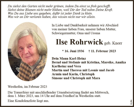 Traueranzeige von Ilse Rohrwick von Wormser Zeitung