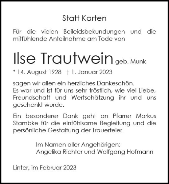 Traueranzeige von Ilse Trautwein von Nassauische Neue Presse