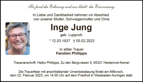 Traueranzeige von Inge Jung von Wiesbadener Kurier gesamt