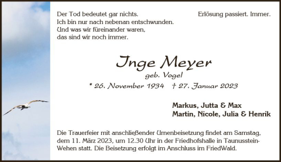 Traueranzeige von Inge Meyer von Wiesbadener Kurier gesamt