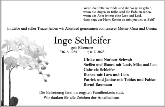 Traueranzeige von Inge Schleifer von Wetzlarer Neue Zeitung