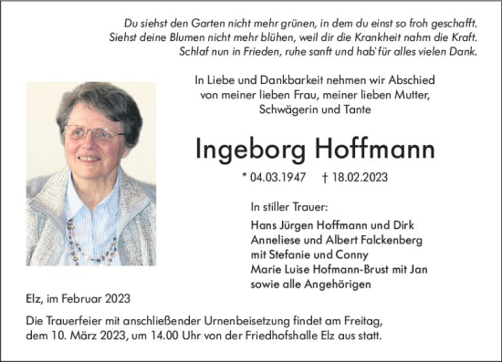 Traueranzeige von Ingeborg Hoffmann von Nassauische Neue Presse
