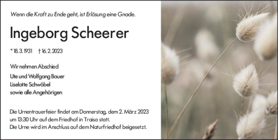 Traueranzeige von Ingeborg Scheerer von Darmstädter Echo