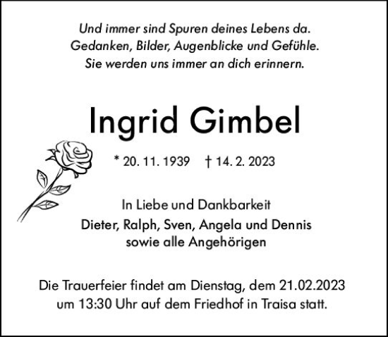 Traueranzeige von Ingrid Gimbel von Darmstädter Echo