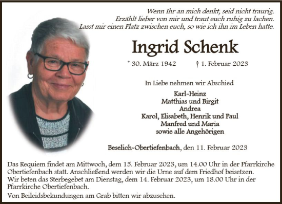 Traueranzeige von Ingrid Schenk von Nassauische Neue Presse