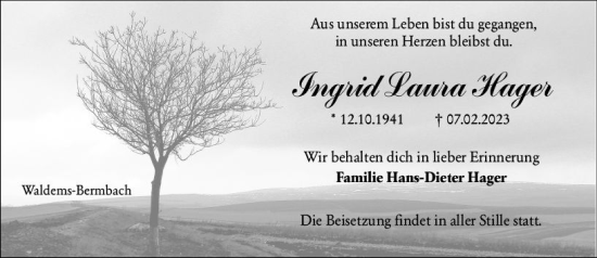 Traueranzeige von Ingrid Laura Hager von Camberger Anzeiger