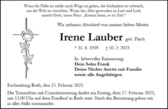 Traueranzeige von Irene Lauber von Dill Block