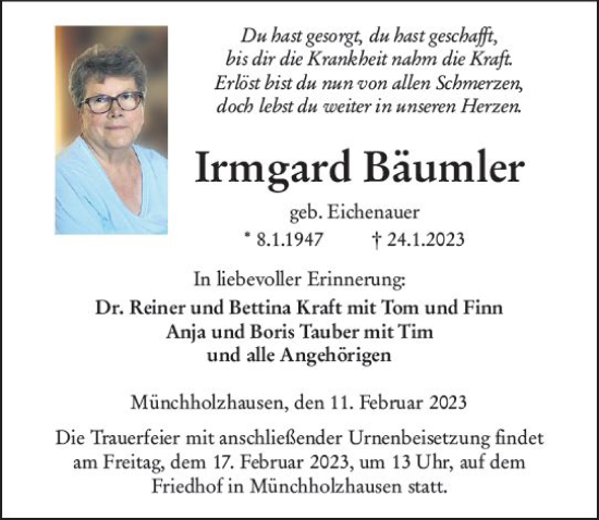 Traueranzeige von Irmgard Bäumler von Wetzlarer Neue Zeitung
