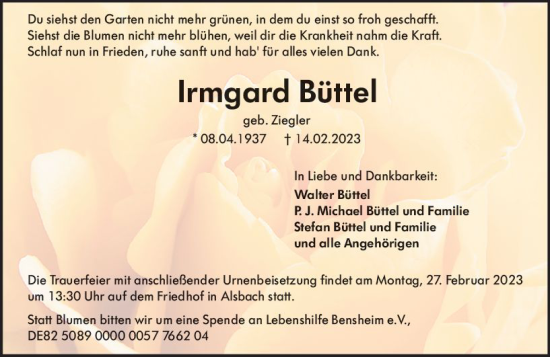 Traueranzeige von Irmgard Büttel von Darmstädter Echo
