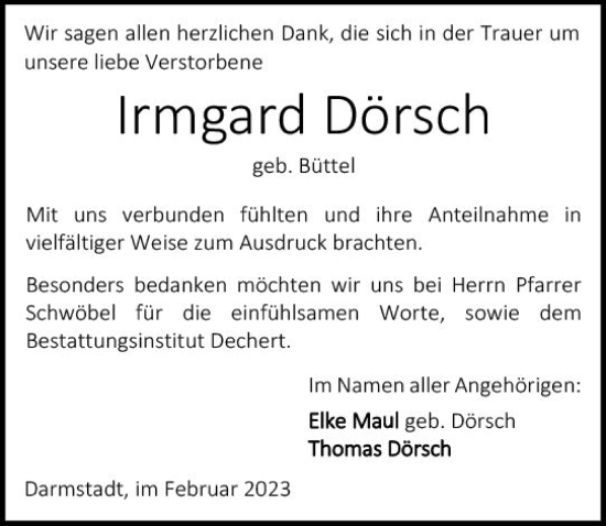 Traueranzeige von Irmgard Dörsch von Darmstädter Echo