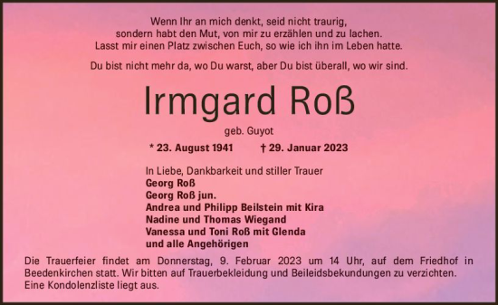 Traueranzeige von Irmgard Roß von Darmstädter Echo