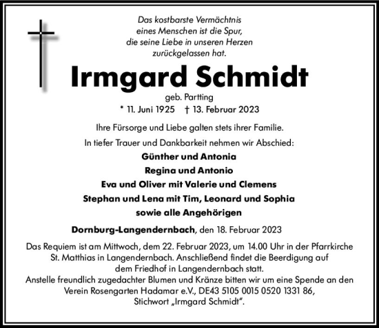 Traueranzeige von Irmgard Schmidt von Nassauische Neue Presse