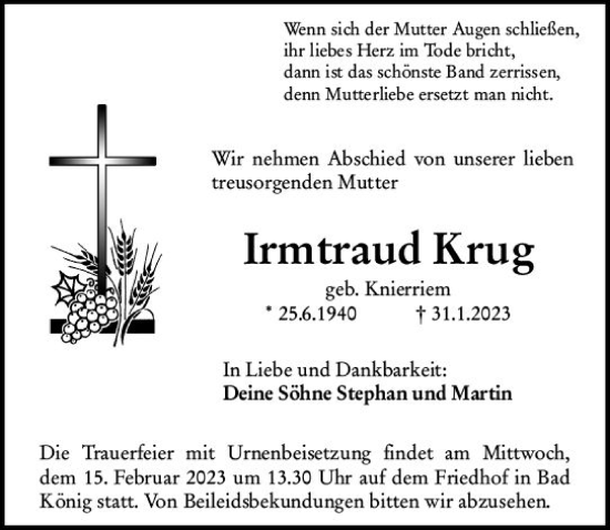 Traueranzeige von Irmtraud Krug von Odenwälder Echo