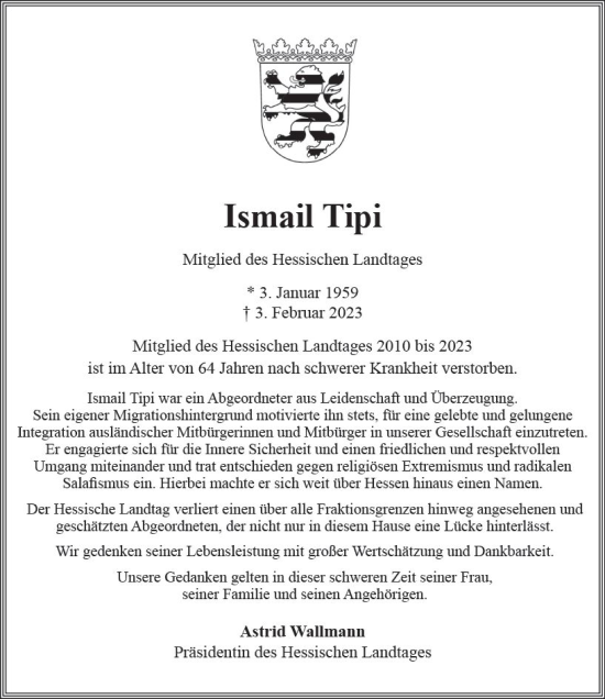 Traueranzeige von Ismail Tipi von Wiesbadener Kurier gesamt