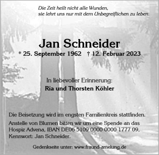 Traueranzeige von Jan Schneider von Wiesbadener Kurier