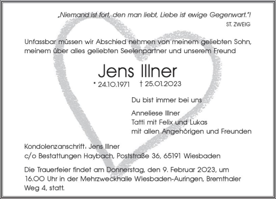 Traueranzeige von Jens Illner von Wiesbadener Kurier gesamt
