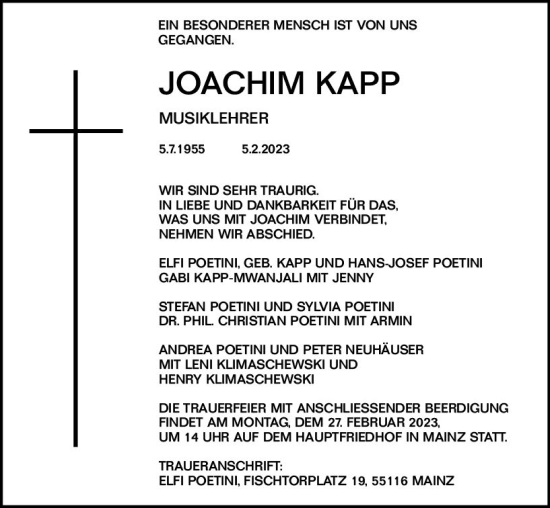 Traueranzeige von Joachim Kapp von Allgemeine Zeitung Mainz