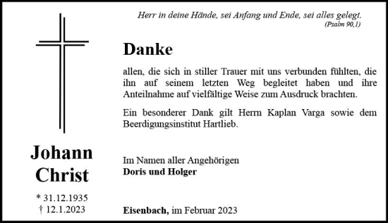 Traueranzeige von Johann Christ von Camberger Anzeiger