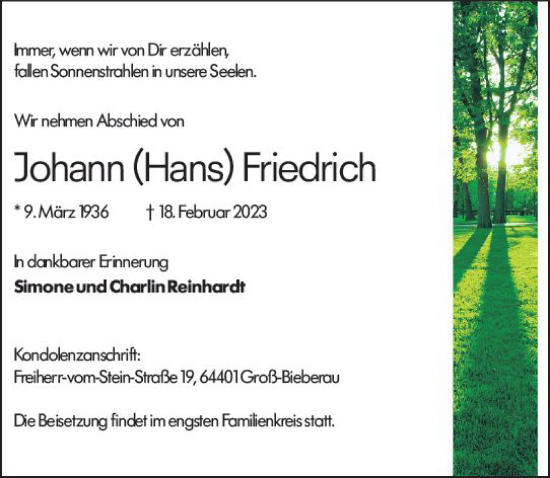 Traueranzeige von Johann Friedrich von Dieburger Anzeiger/Groß-Zimmerner Lokal-Anzeiger
