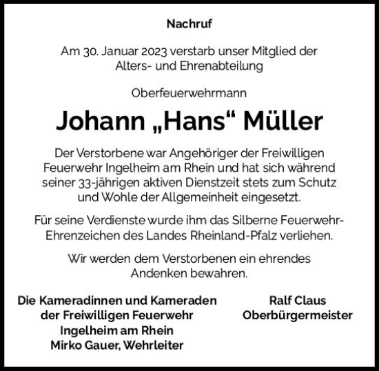 Traueranzeige von Johann Müller von Allgemeine Zeitung Ingelheim-Bingen