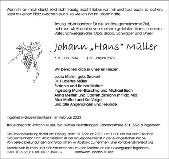 Traueranzeige von Johann Müller von Allgemeine Zeitung Ingelheim-Bingen