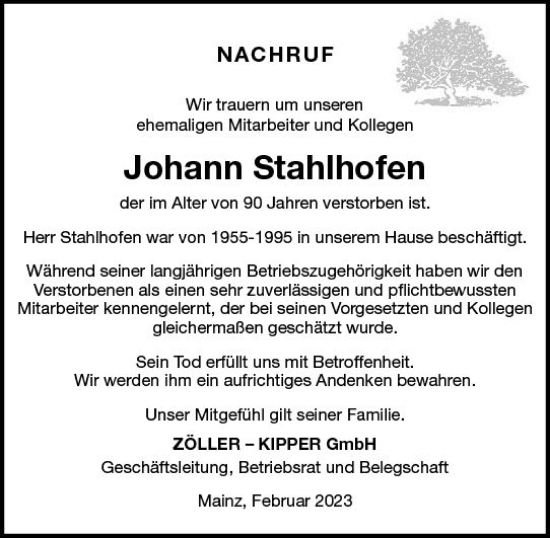 Traueranzeige von Johann Stahlhofen von Allgemeine Zeitung Mainz