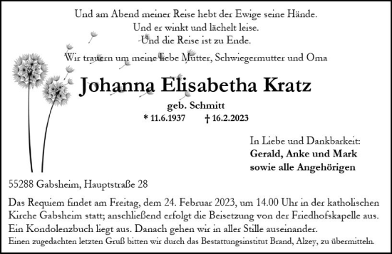 Traueranzeige von Johanna Elisabeth Kratz von Allgemeine Zeitung Alzey
