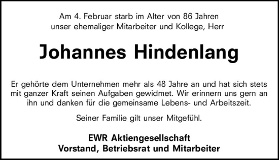 Traueranzeige von Johannes Hindenlang von Wormser Zeitung
