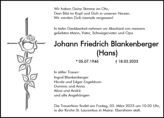 Traueranzeige von Johann Friedrich Blankenberger von Allgemeine Zeitung Mainz