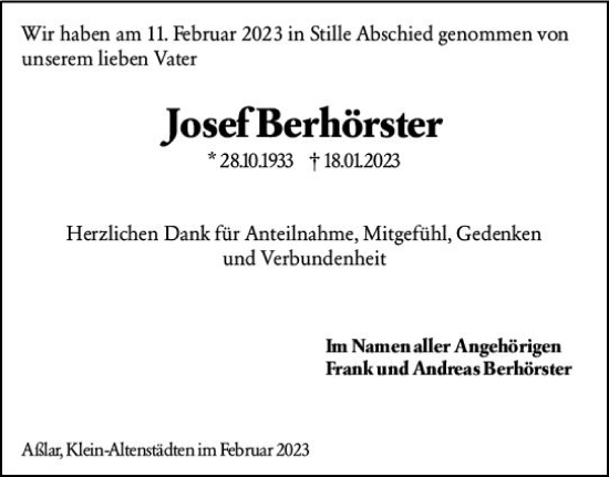 Traueranzeige von Josef Berhörster von Wetzlarer Neue Zeitung